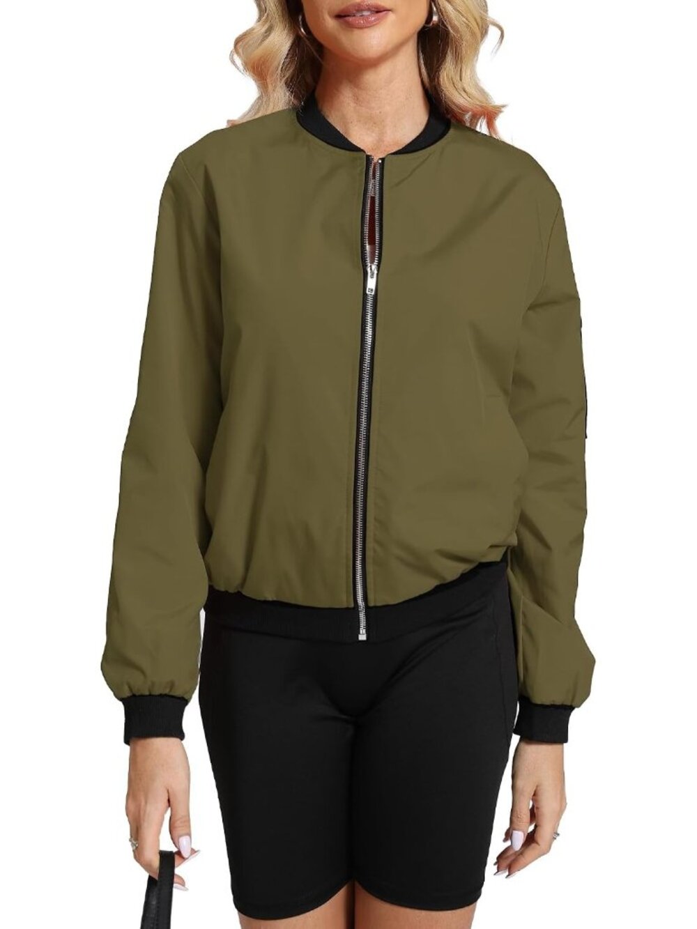 Women Olive 100% Polyester Zip-Up Shawl Collar Pocket Windbreaker Bomber Jacket